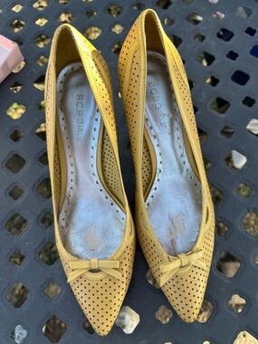 BCBGirls Mustard Yellow Perforated Pointed Toe Flats with Bow
